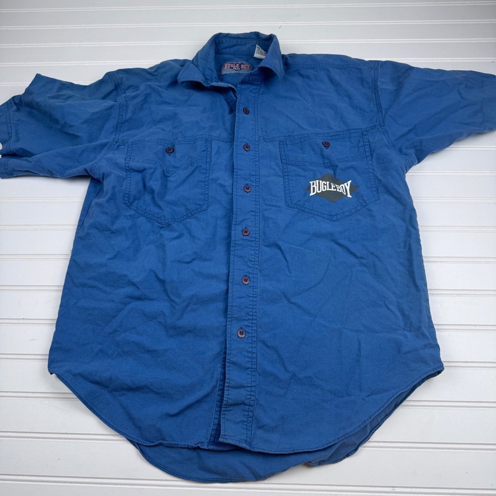 Vintage Bugle Boy Men's Small Short Sleeve Button Up 100% Cotton Blue